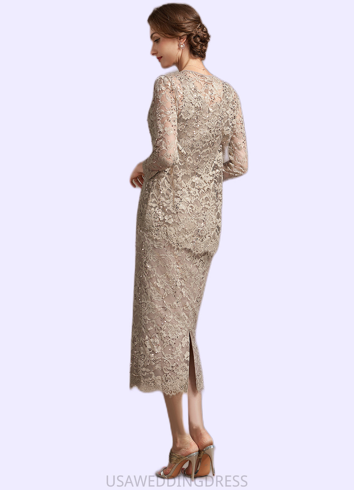 Elise Sheath/Column Scoop Neck Tea-Length Lace Mother of the Bride Dress With Sequins DS126P0014898