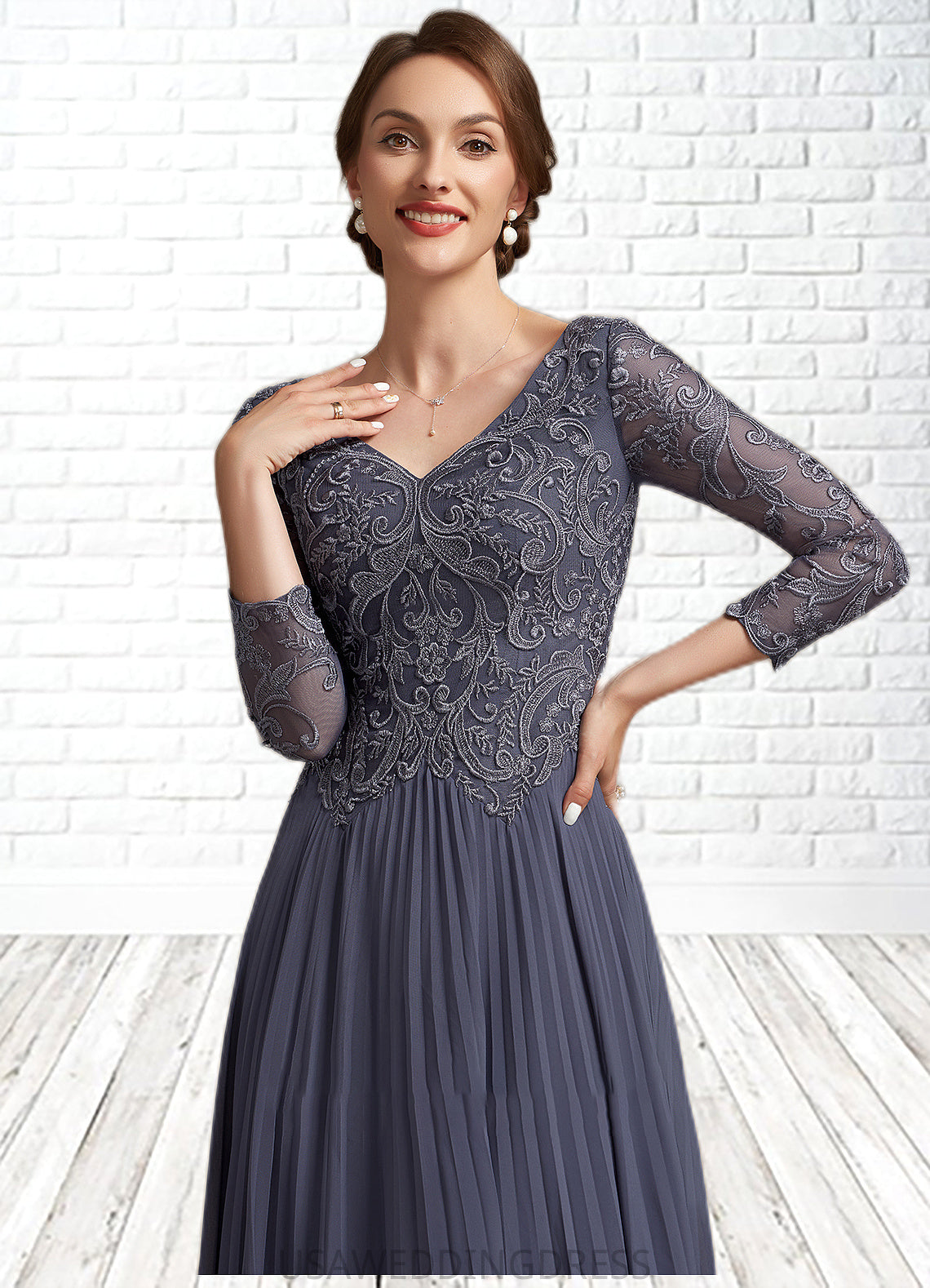 Abbigail A-Line V-neck Ankle-Length Chiffon Lace Mother of the Bride Dress DS126P0014899