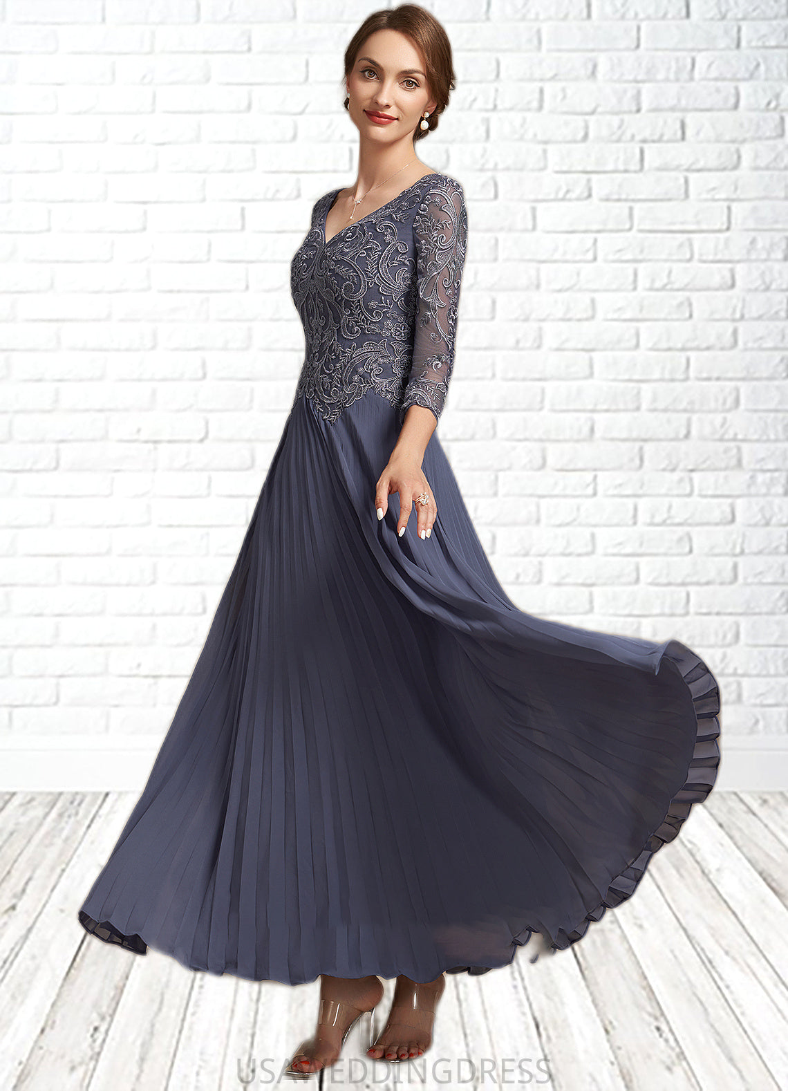 Abbigail A-Line V-neck Ankle-Length Chiffon Lace Mother of the Bride Dress DS126P0014899