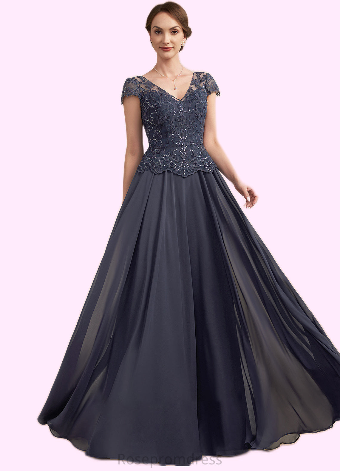 Elvira A-Line V-neck Floor-Length Chiffon Lace Mother of the Bride Dress With Sequins SRS126P0014901