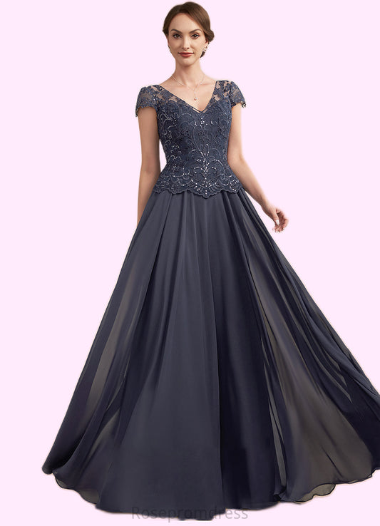 Elvira A-Line V-neck Floor-Length Chiffon Lace Mother of the Bride Dress With Sequins SRS126P0014901
