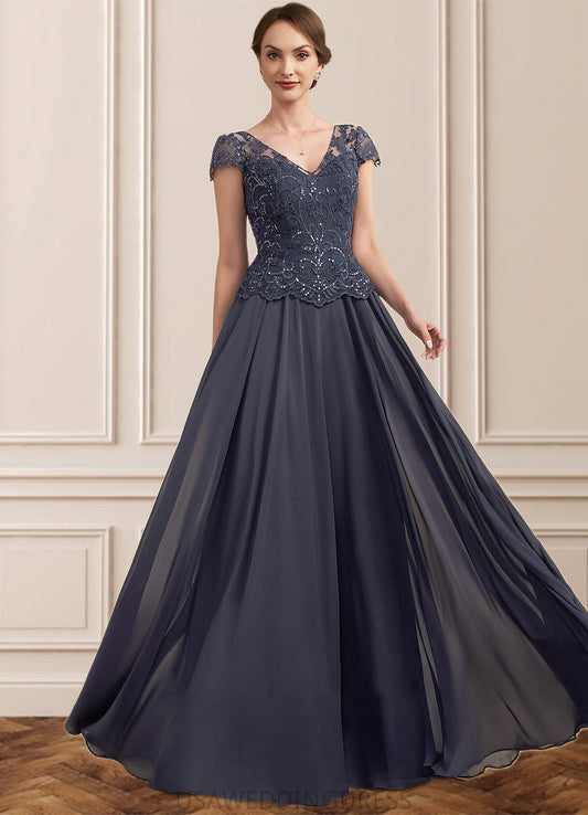 Hazel A-Line V-neck Floor-Length Chiffon Lace Mother of the Bride Dress With Sequins DS126P0014901