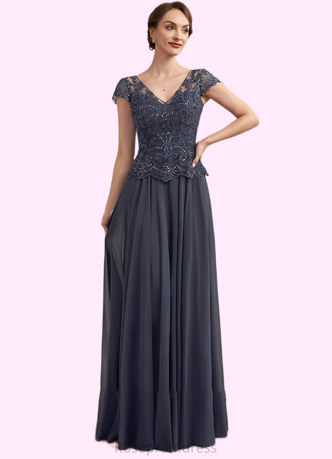 Elvira A-Line V-neck Floor-Length Chiffon Lace Mother of the Bride Dress With Sequins SRS126P0014901