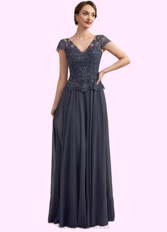 Elvira A-Line V-neck Floor-Length Chiffon Lace Mother of the Bride Dress With Sequins SRS126P0014901
