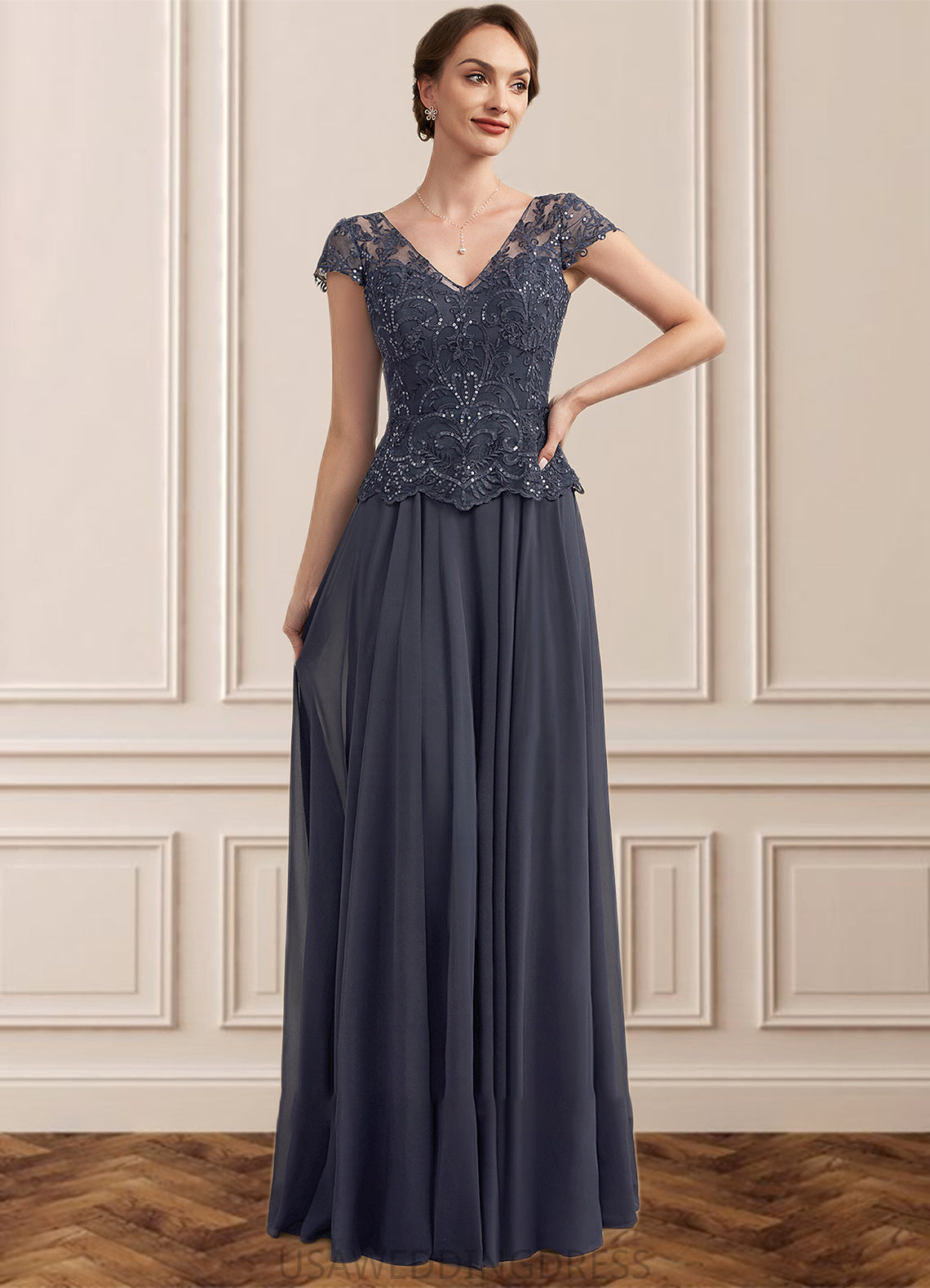 Hazel A-Line V-neck Floor-Length Chiffon Lace Mother of the Bride Dress With Sequins DS126P0014901