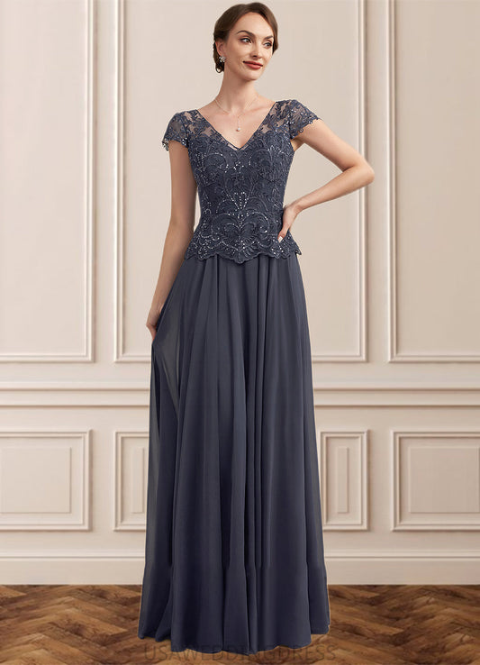 Hazel A-Line V-neck Floor-Length Chiffon Lace Mother of the Bride Dress With Sequins DS126P0014901