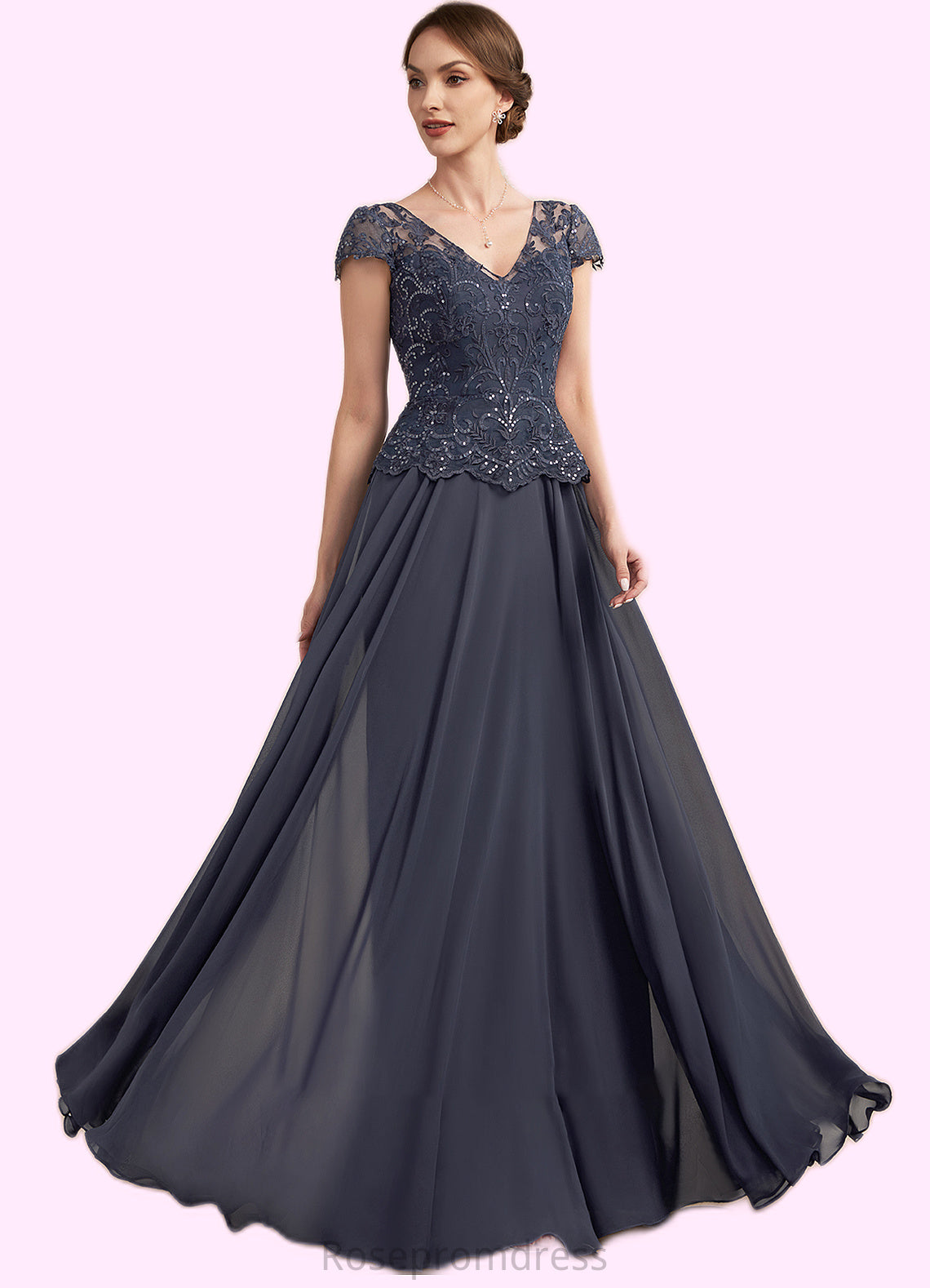 Elvira A-Line V-neck Floor-Length Chiffon Lace Mother of the Bride Dress With Sequins SRS126P0014901