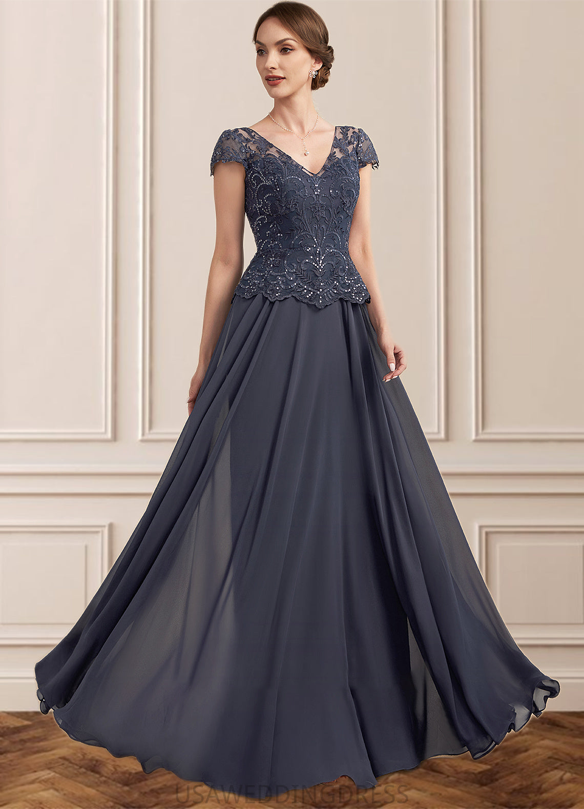 Hazel A-Line V-neck Floor-Length Chiffon Lace Mother of the Bride Dress With Sequins DS126P0014901