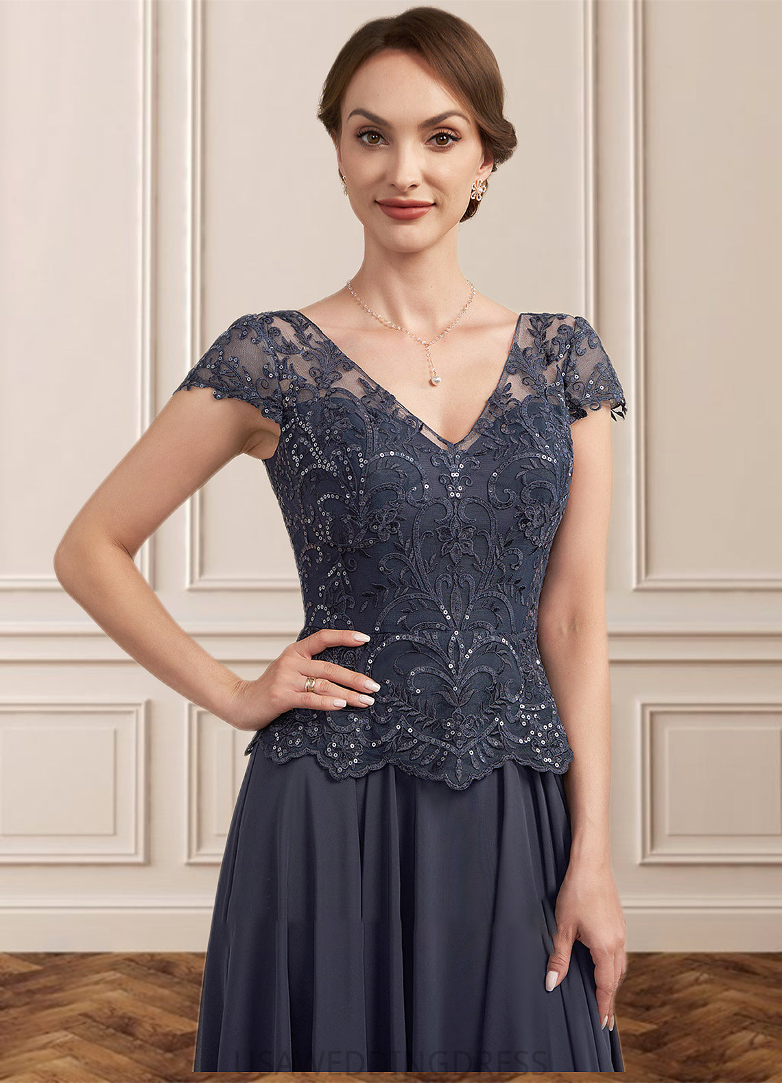 Hazel A-Line V-neck Floor-Length Chiffon Lace Mother of the Bride Dress With Sequins DS126P0014901