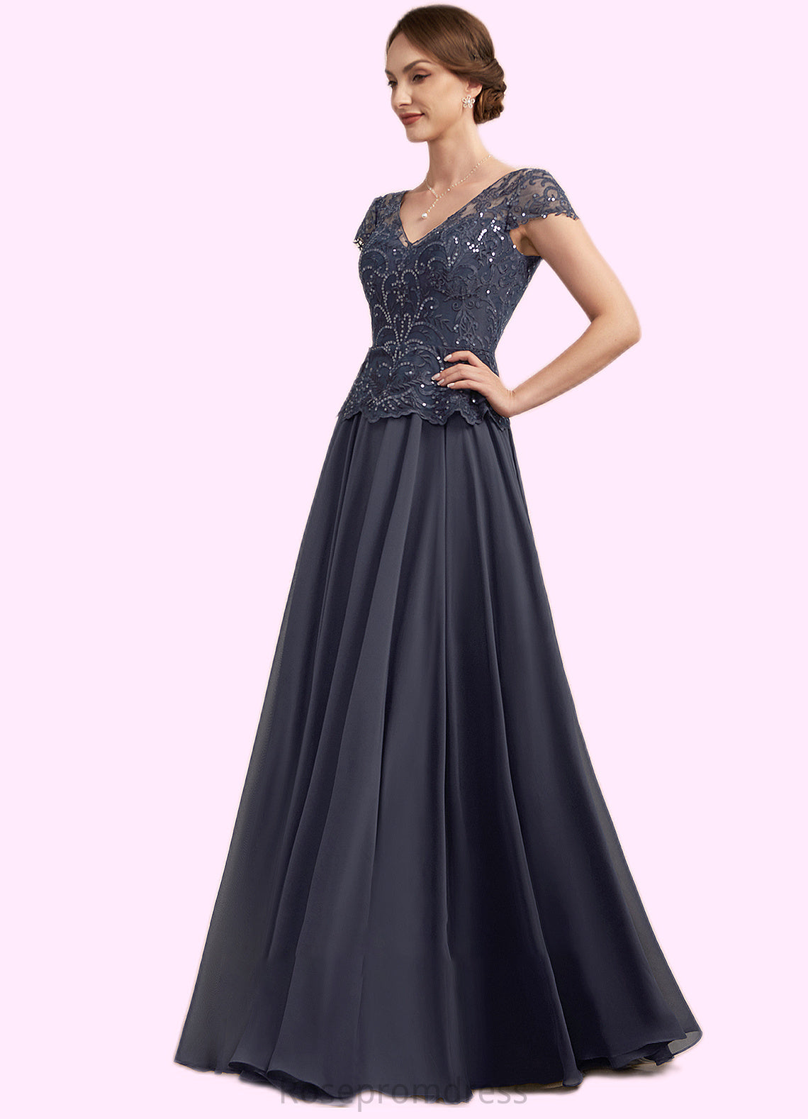 Elvira A-Line V-neck Floor-Length Chiffon Lace Mother of the Bride Dress With Sequins SRS126P0014901
