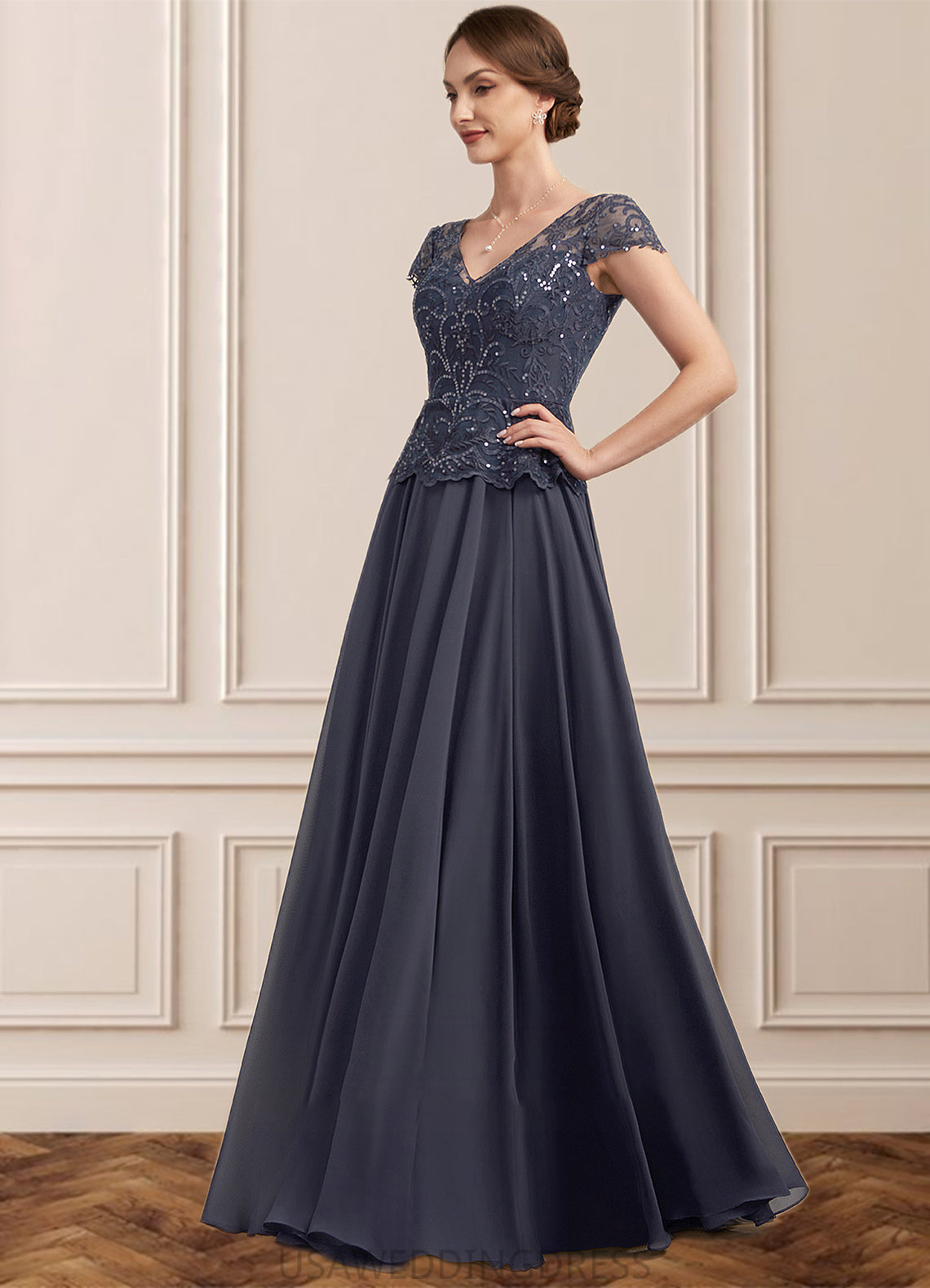 Hazel A-Line V-neck Floor-Length Chiffon Lace Mother of the Bride Dress With Sequins DS126P0014901