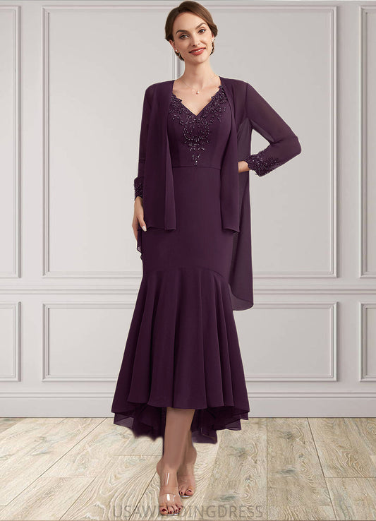 Kinsley Trumpet/Mermaid V-neck Asymmetrical Chiffon Mother of the Bride Dress With Lace Beading Sequins DS126P0014902