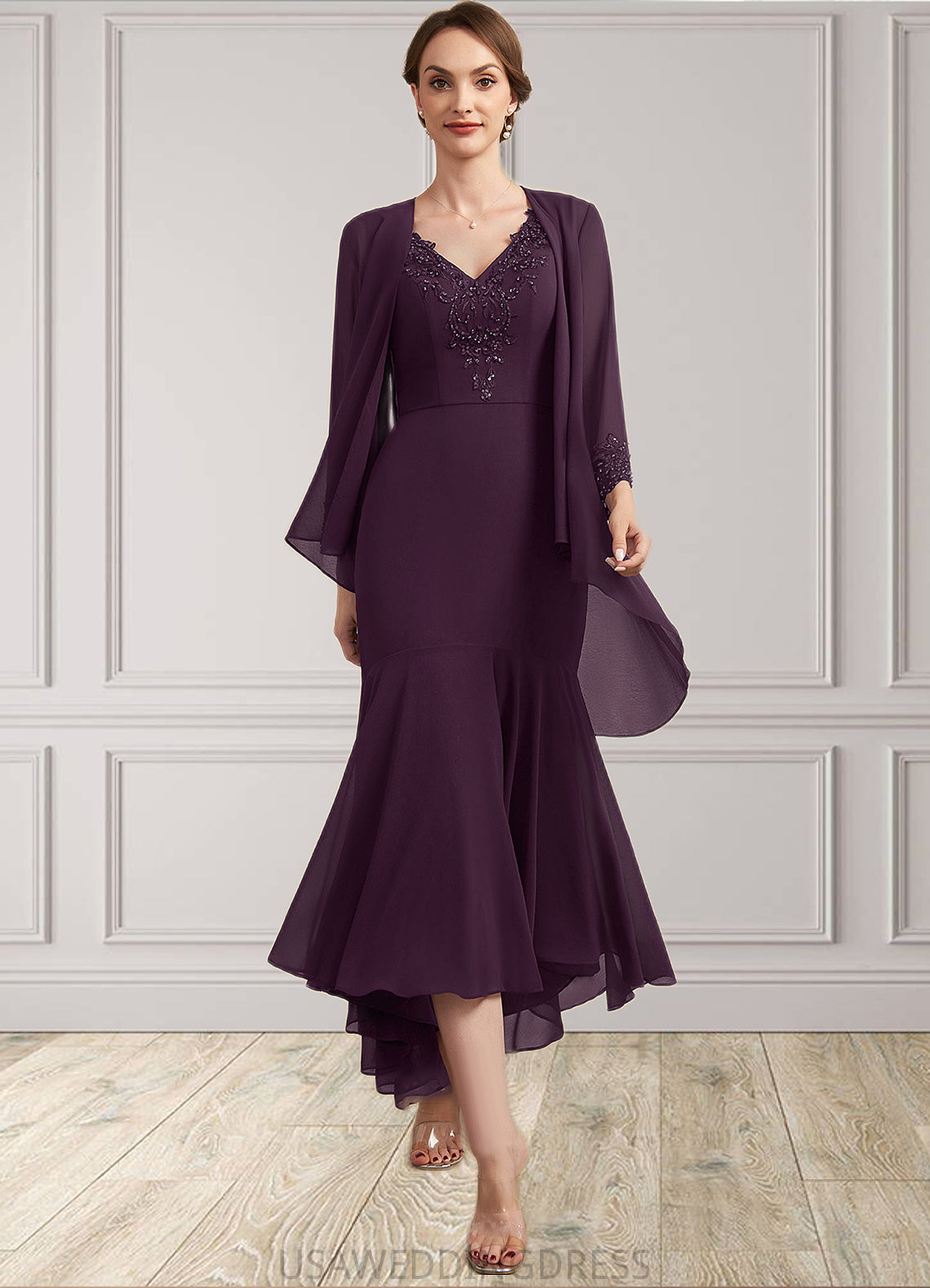 Kinsley Trumpet/Mermaid V-neck Asymmetrical Chiffon Mother of the Bride Dress With Lace Beading Sequins DS126P0014902