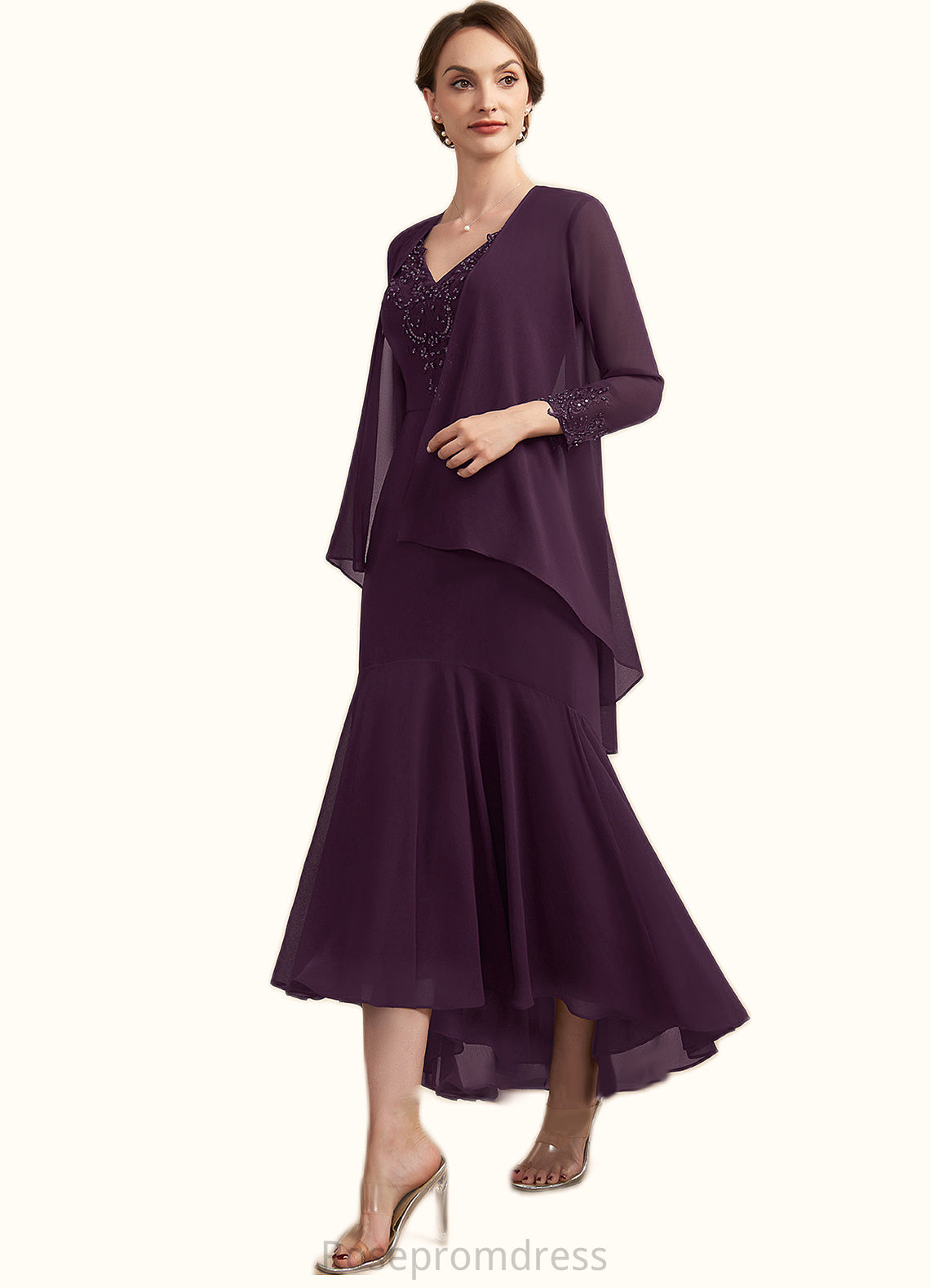 Quinn Trumpet/Mermaid V-neck Asymmetrical Chiffon Mother of the Bride Dress With Lace Beading Sequins SRS126P0014902
