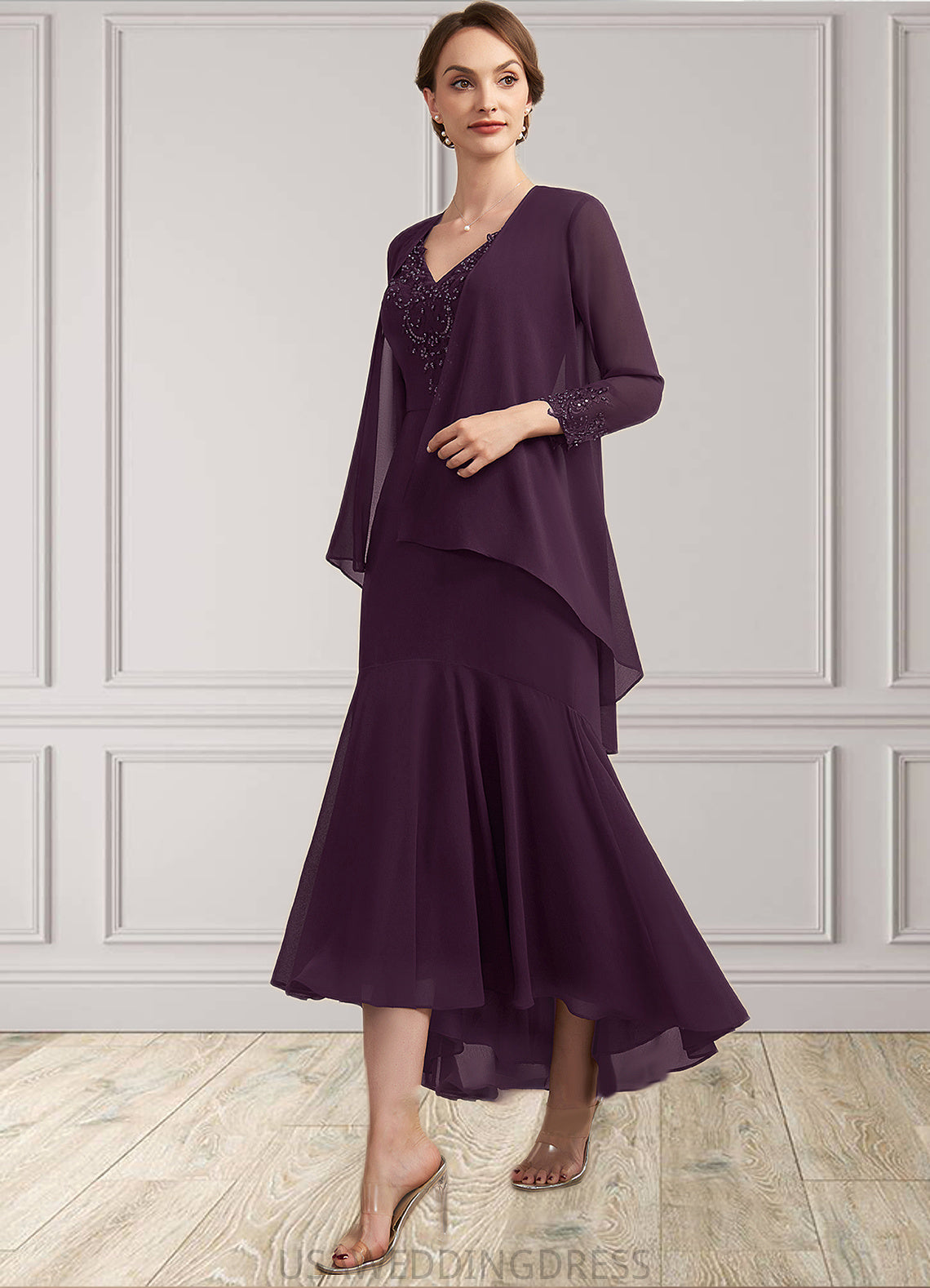 Kinsley Trumpet/Mermaid V-neck Asymmetrical Chiffon Mother of the Bride Dress With Lace Beading Sequins DS126P0014902