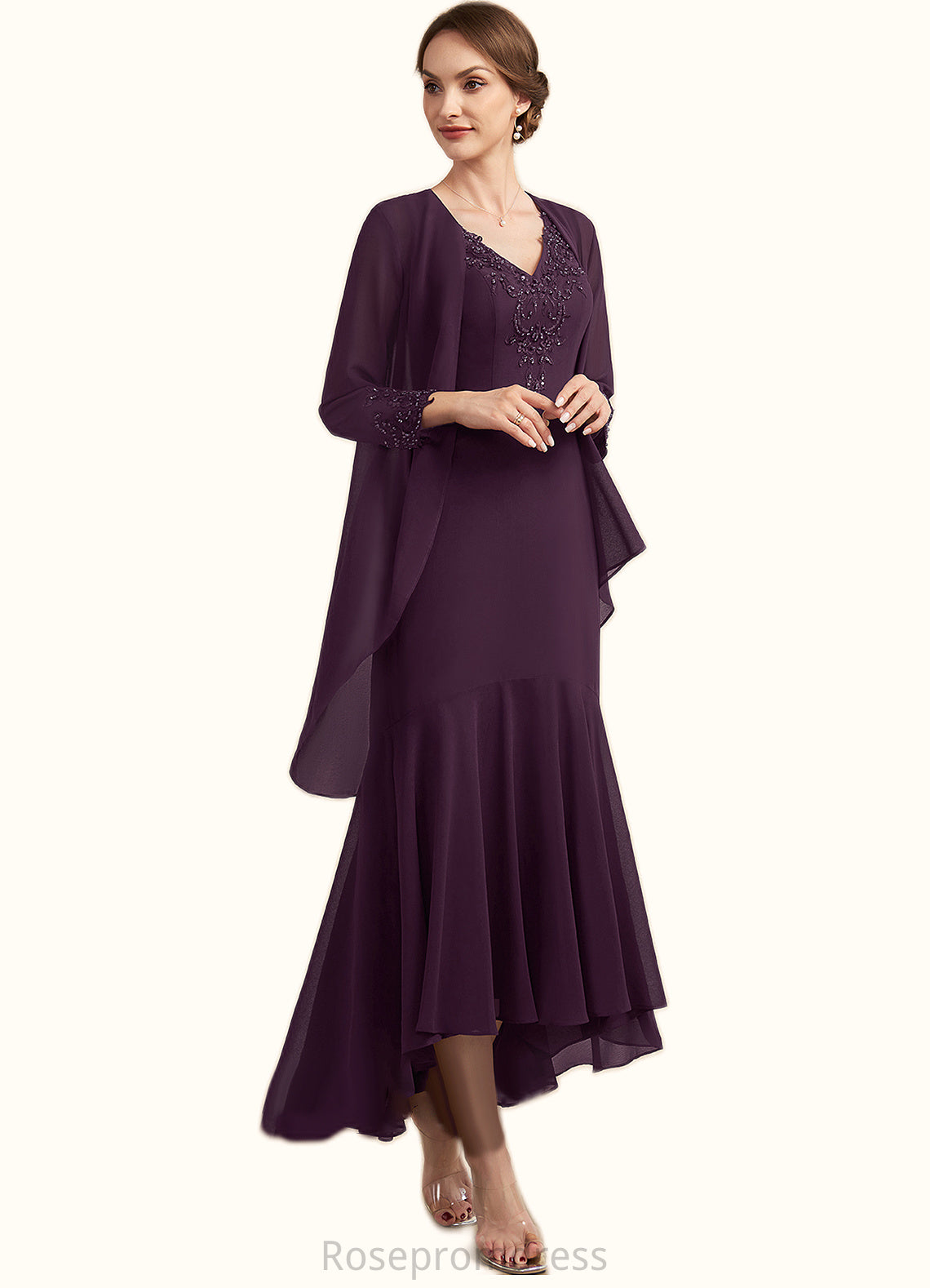 Quinn Trumpet/Mermaid V-neck Asymmetrical Chiffon Mother of the Bride Dress With Lace Beading Sequins SRS126P0014902