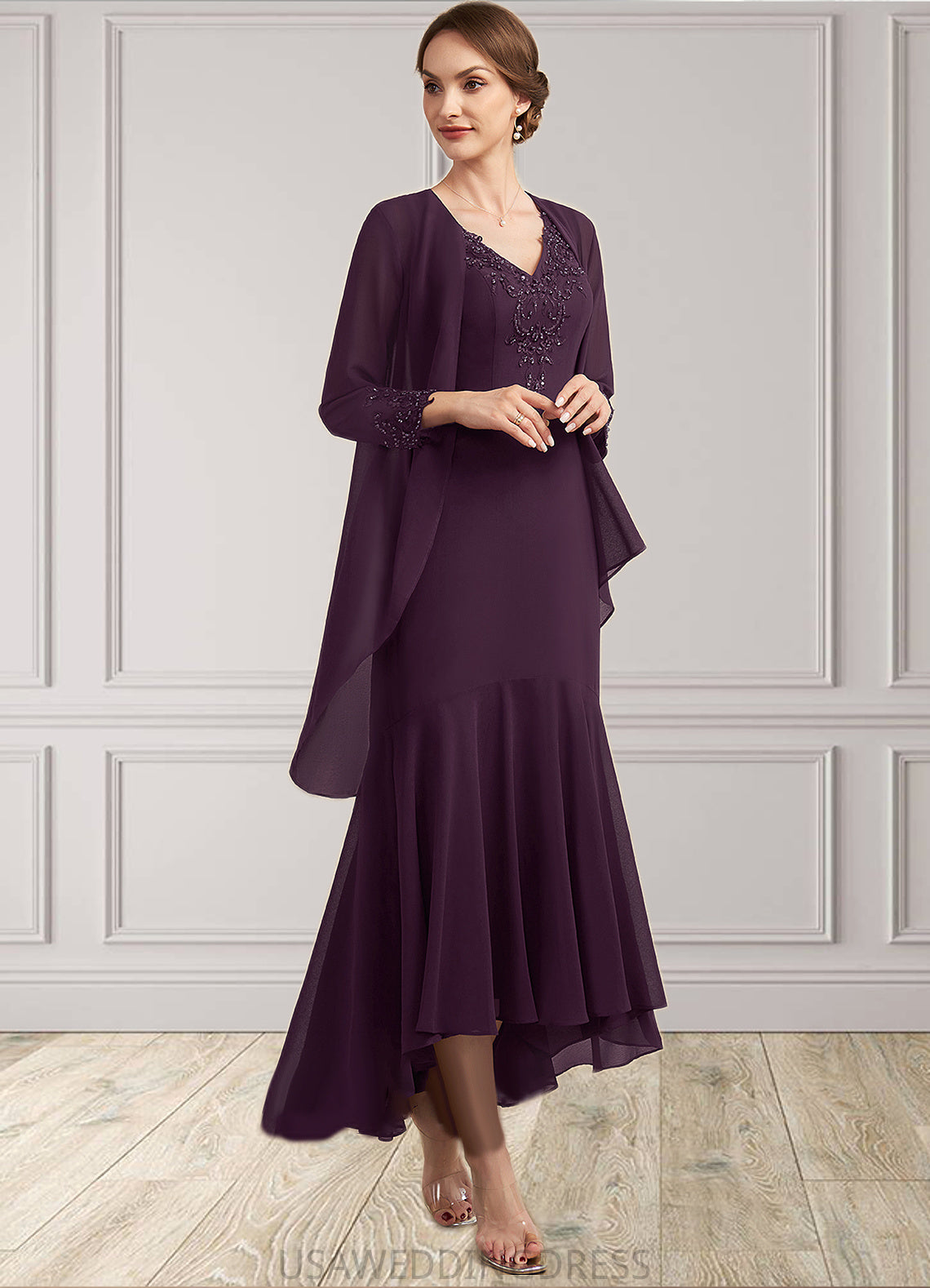 Kinsley Trumpet/Mermaid V-neck Asymmetrical Chiffon Mother of the Bride Dress With Lace Beading Sequins DS126P0014902