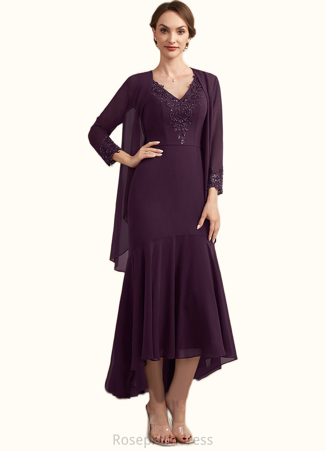 Quinn Trumpet/Mermaid V-neck Asymmetrical Chiffon Mother of the Bride Dress With Lace Beading Sequins SRS126P0014902