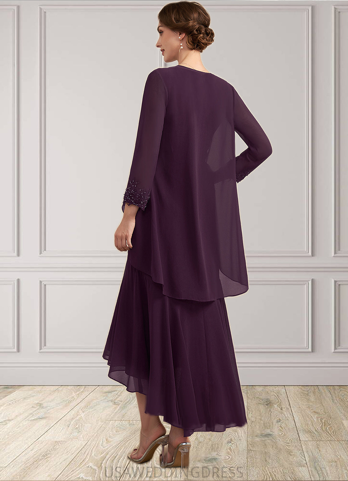 Kinsley Trumpet/Mermaid V-neck Asymmetrical Chiffon Mother of the Bride Dress With Lace Beading Sequins DS126P0014902