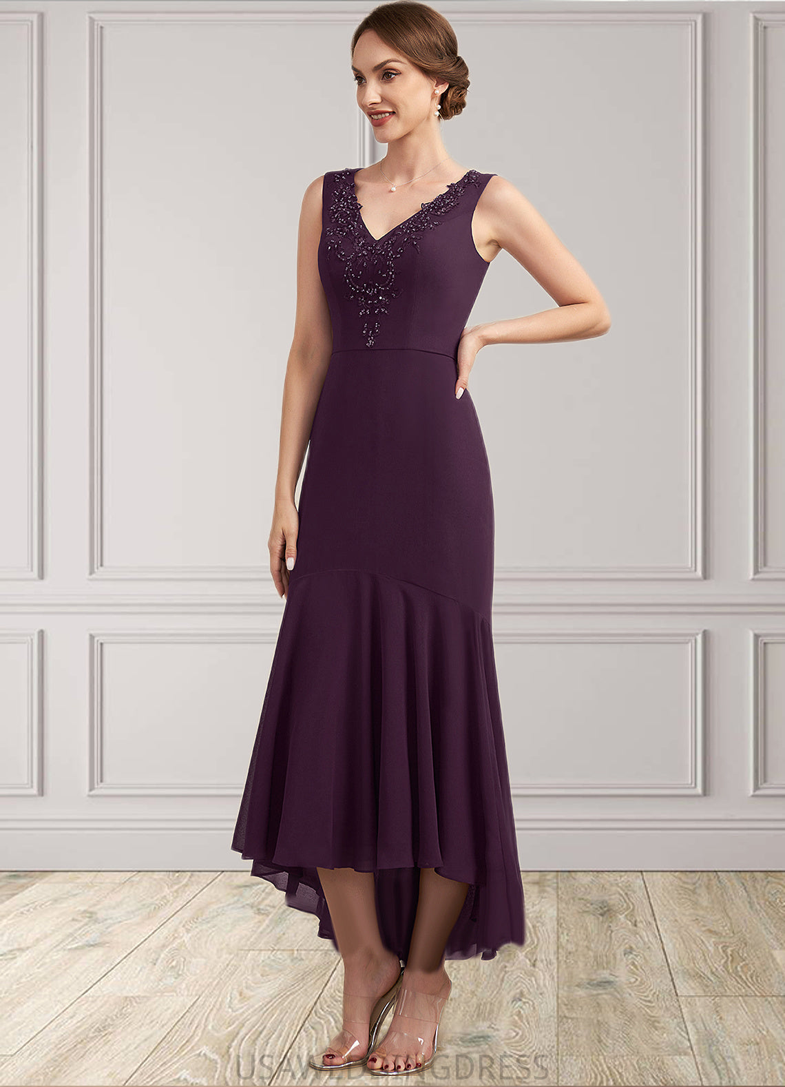Kinsley Trumpet/Mermaid V-neck Asymmetrical Chiffon Mother of the Bride Dress With Lace Beading Sequins DS126P0014902