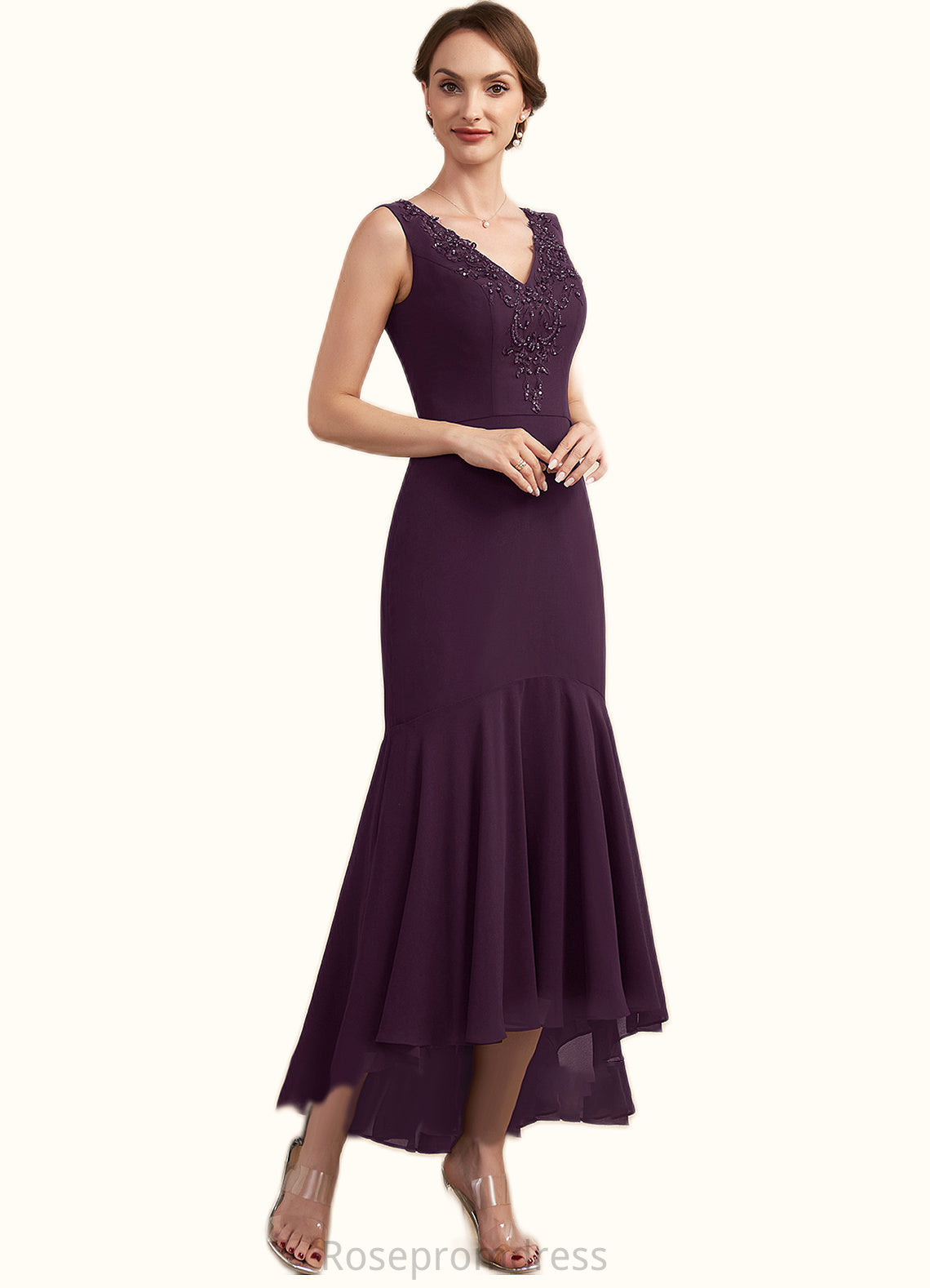Quinn Trumpet/Mermaid V-neck Asymmetrical Chiffon Mother of the Bride Dress With Lace Beading Sequins SRS126P0014902