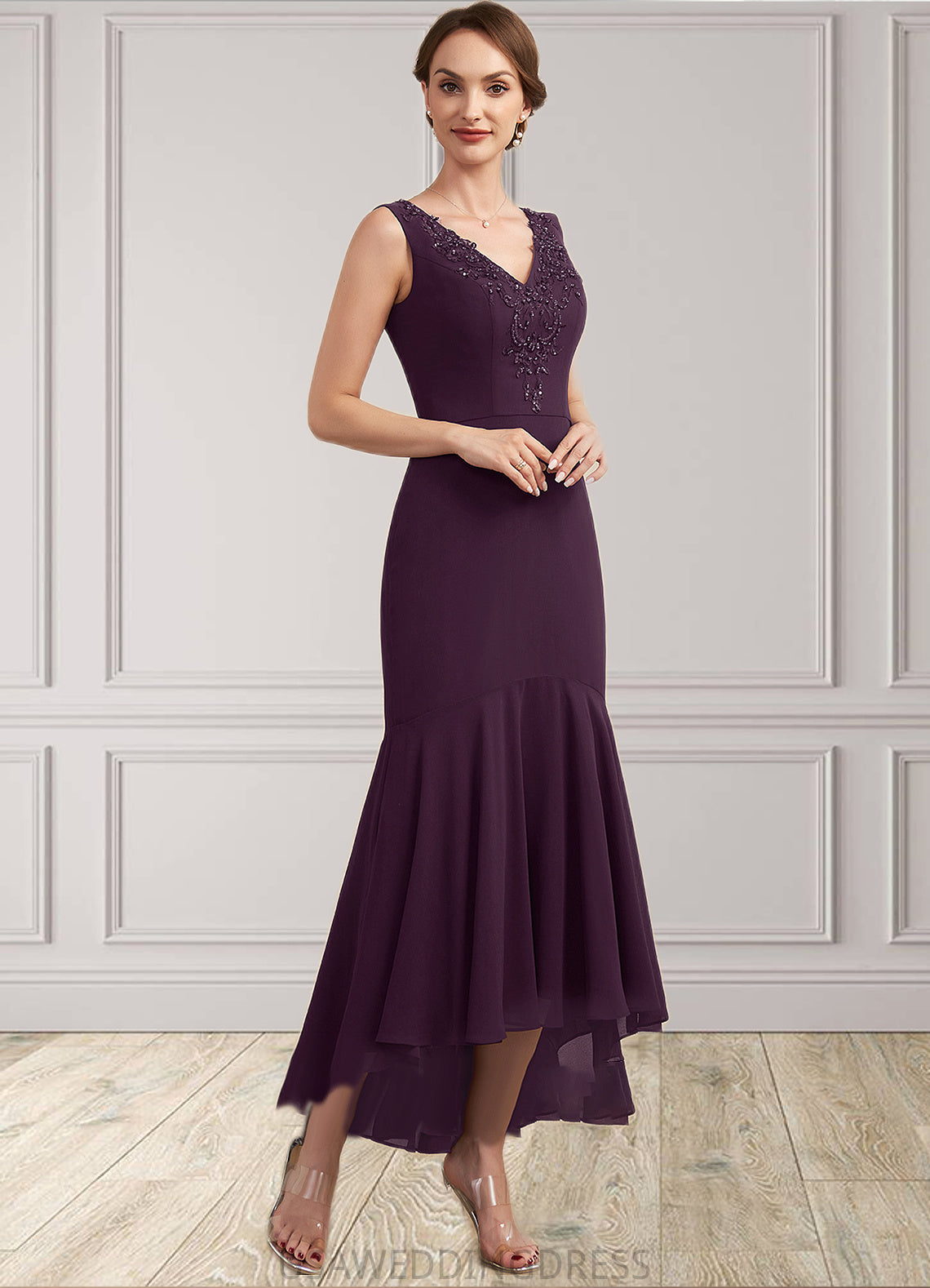 Kinsley Trumpet/Mermaid V-neck Asymmetrical Chiffon Mother of the Bride Dress With Lace Beading Sequins DS126P0014902