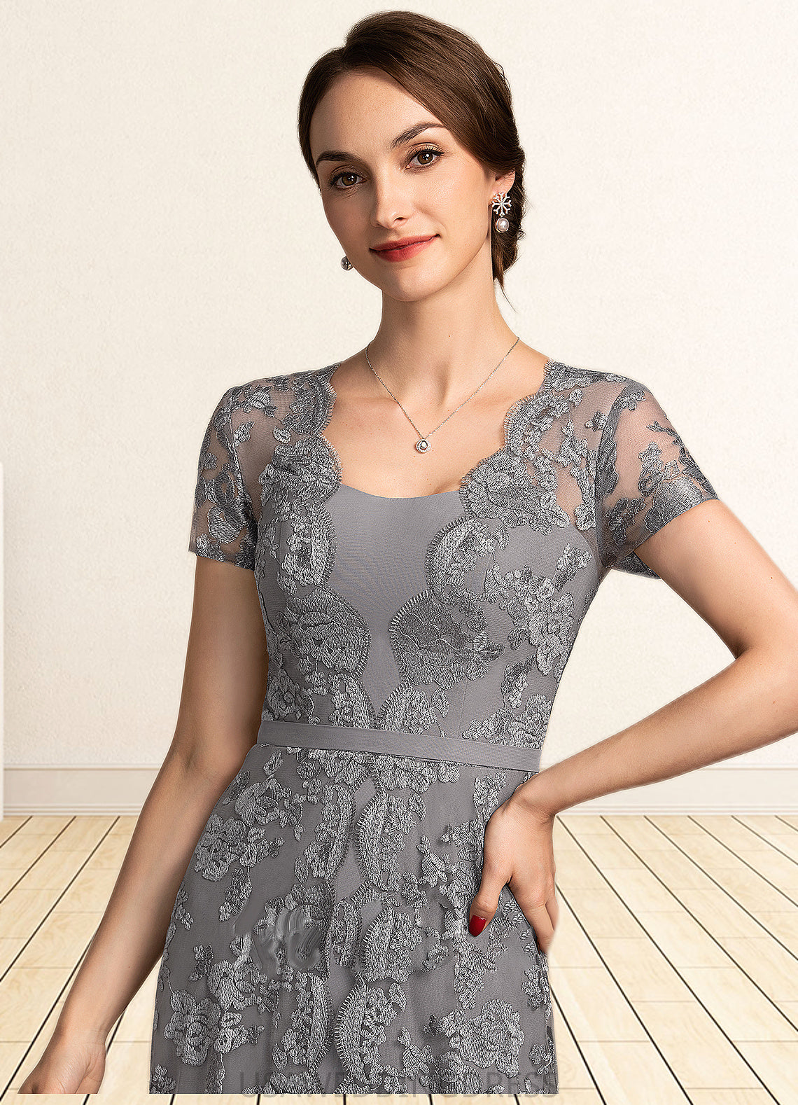 Elizabeth A-Line Square Neckline Sweep Train Chiffon Lace Mother of the Bride Dress DS126P0014903