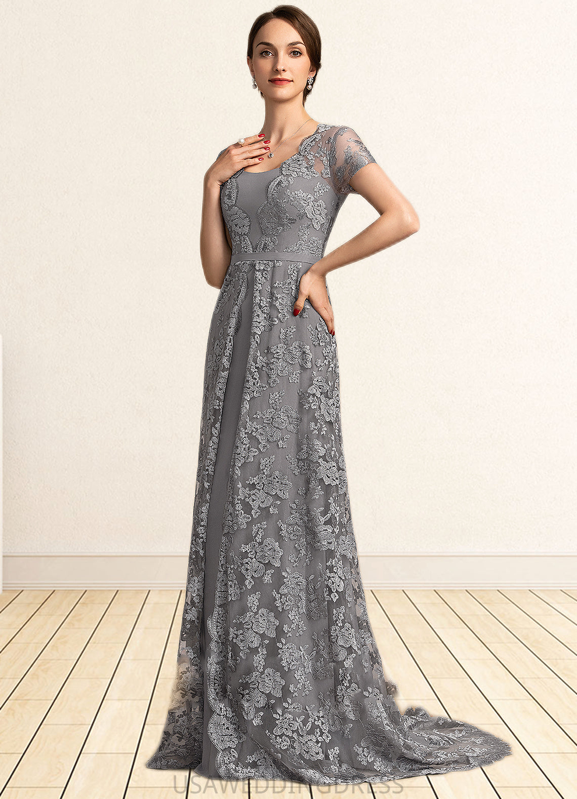 Elizabeth A-Line Square Neckline Sweep Train Chiffon Lace Mother of the Bride Dress DS126P0014903