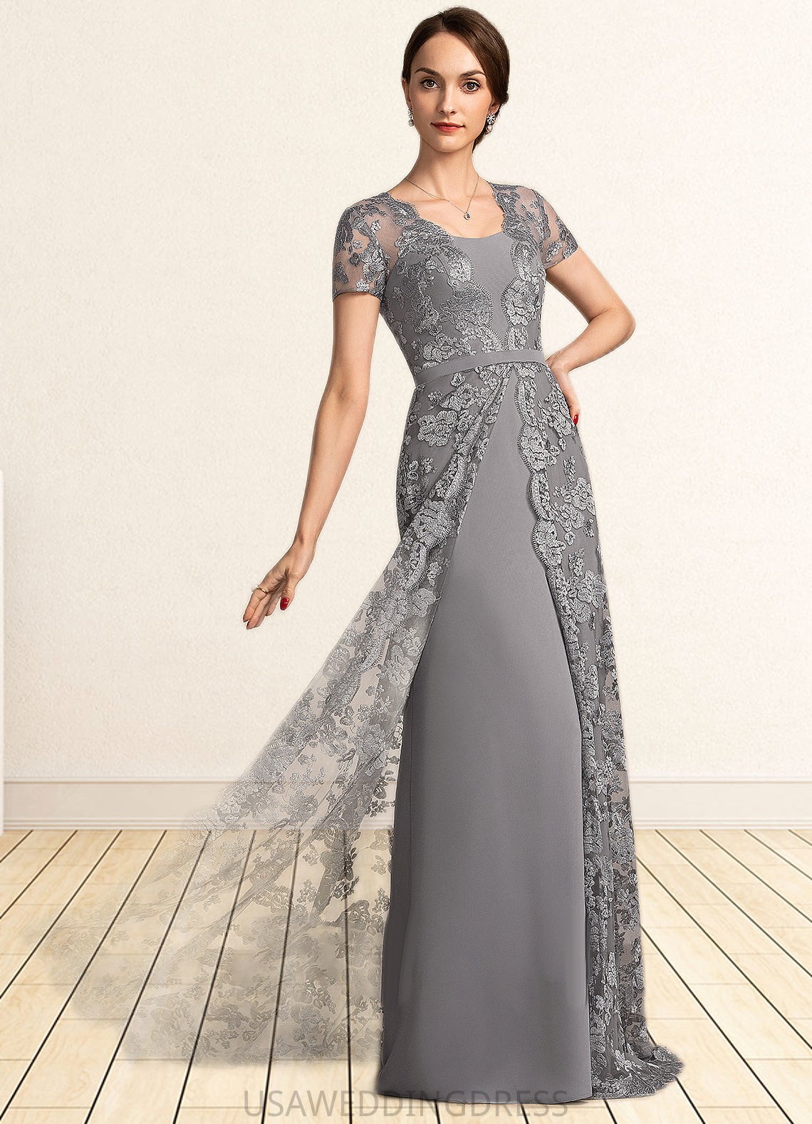 Elizabeth A-Line Square Neckline Sweep Train Chiffon Lace Mother of the Bride Dress DS126P0014903