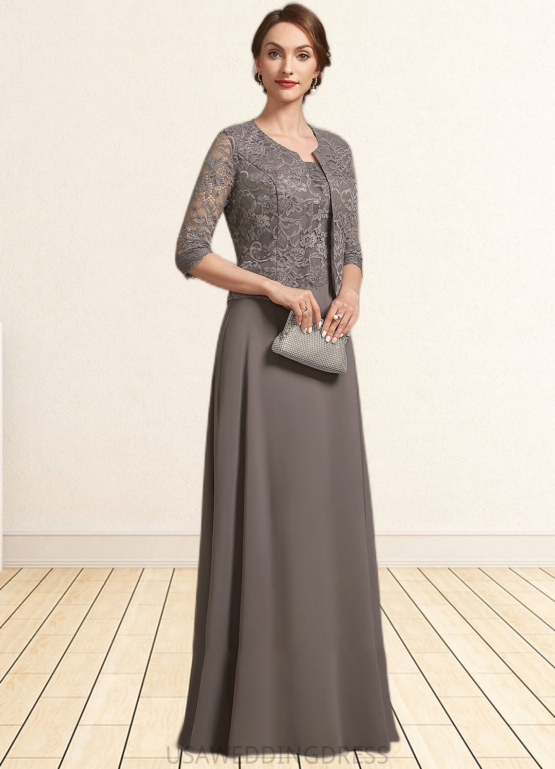 Maribel A-Line Square Neckline Floor-Length Chiffon Lace Mother of the Bride Dress DS126P0014904