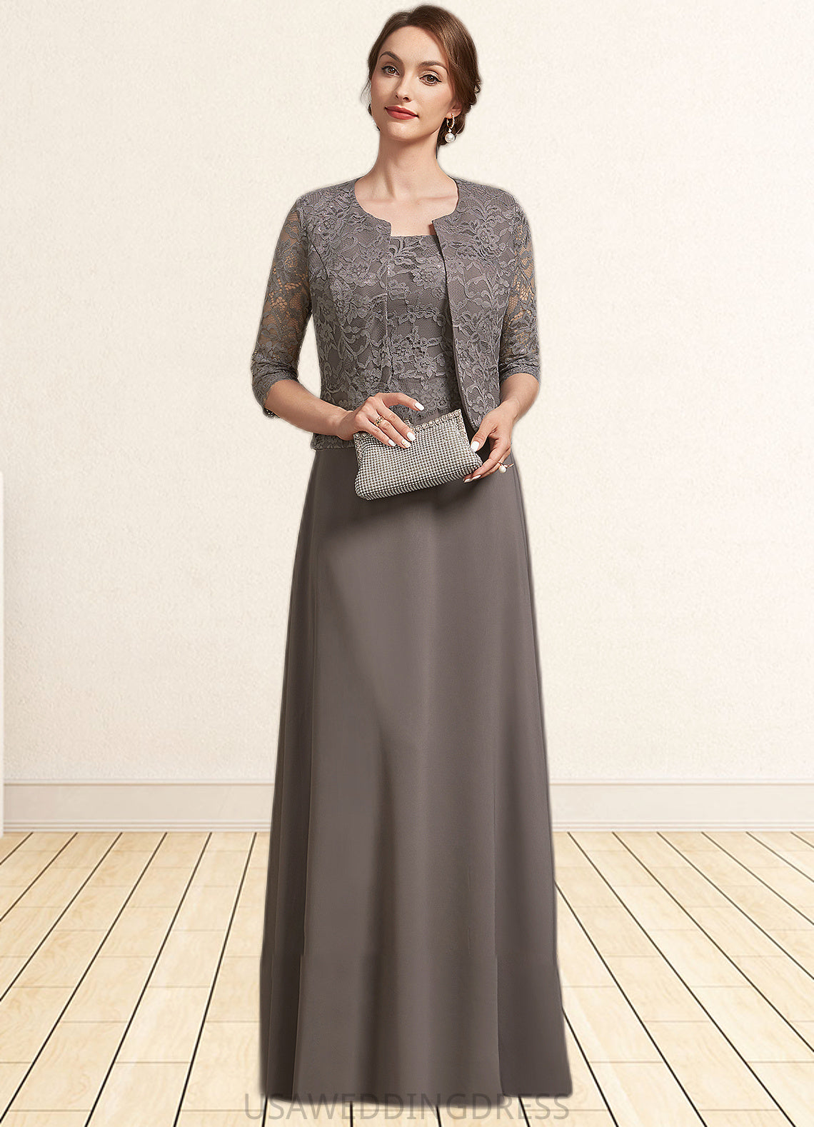 Maribel A-Line Square Neckline Floor-Length Chiffon Lace Mother of the Bride Dress DS126P0014904