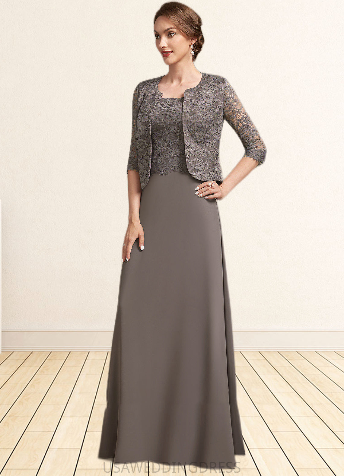 Maribel A-Line Square Neckline Floor-Length Chiffon Lace Mother of the Bride Dress DS126P0014904