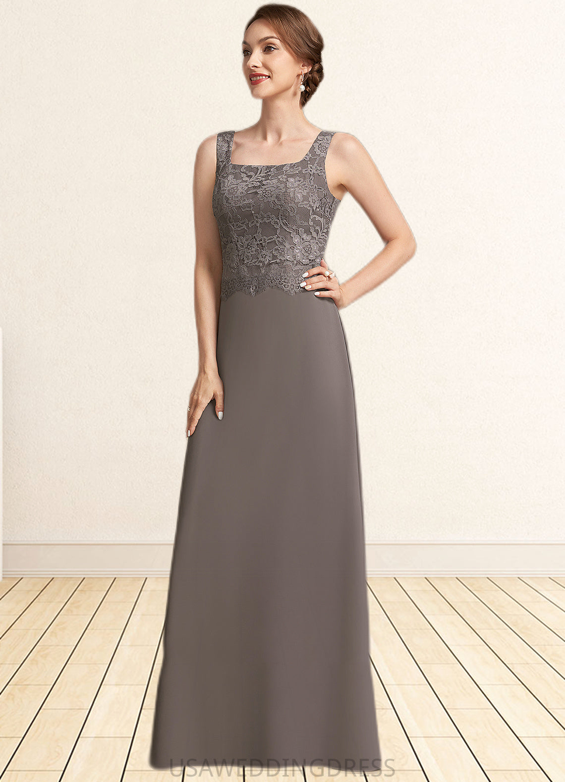 Maribel A-Line Square Neckline Floor-Length Chiffon Lace Mother of the Bride Dress DS126P0014904