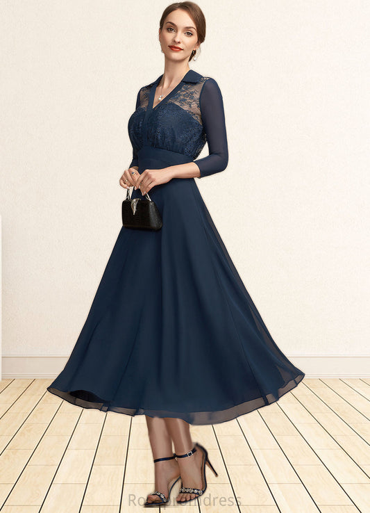 Kathryn A-Line V-neck Tea-Length Chiffon Lace Mother of the Bride Dress SRS126P0014905