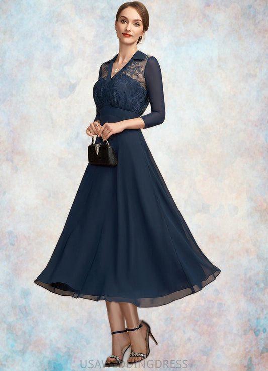 Savannah A-Line V-neck Tea-Length Chiffon Lace Mother of the Bride Dress DS126P0014905