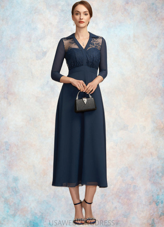 Savannah A-Line V-neck Tea-Length Chiffon Lace Mother of the Bride Dress DS126P0014905