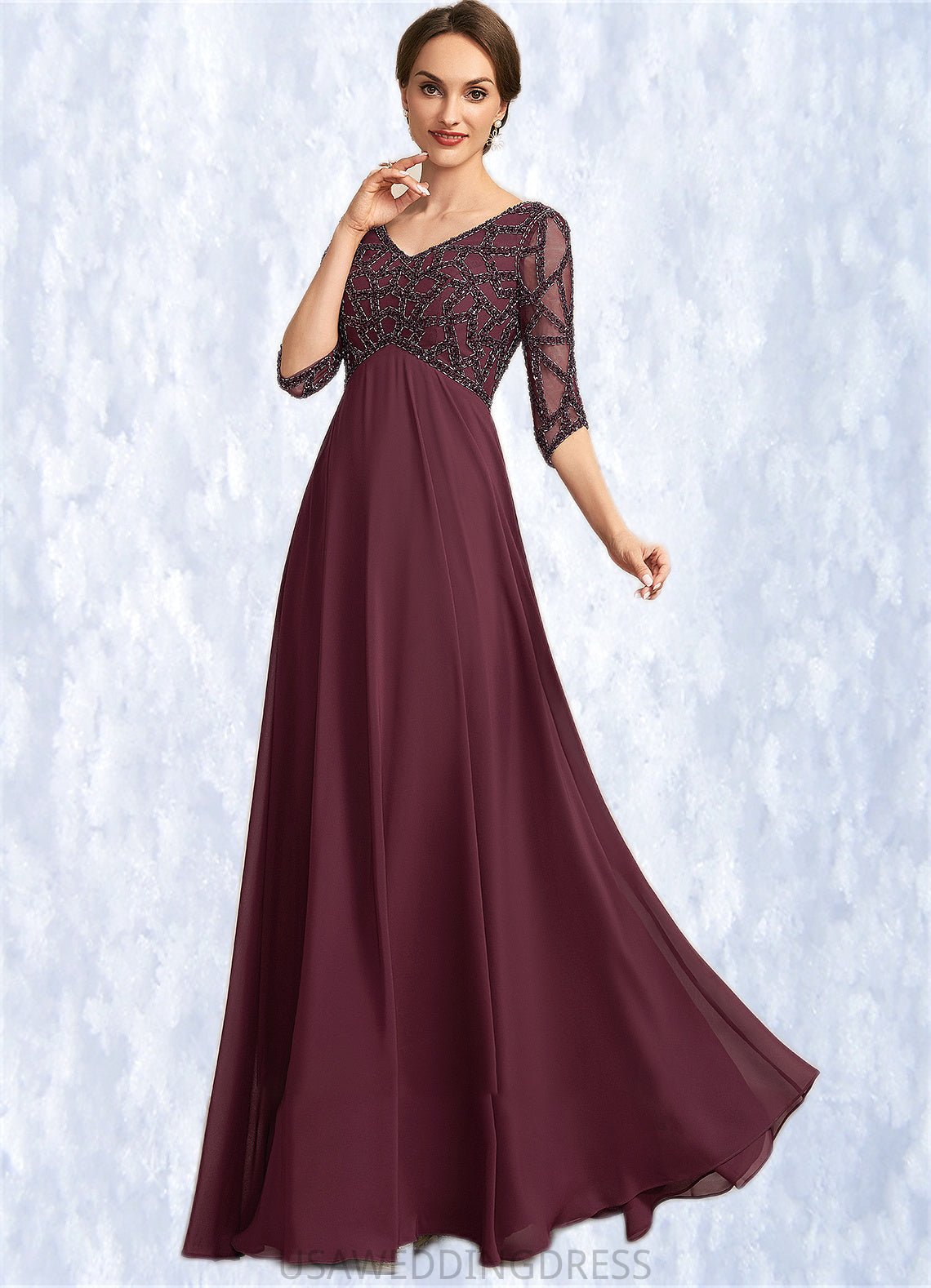 Andrea Empire V-neck Floor-Length Chiffon Mother of the Bride Dress With Beading DS126P0014906