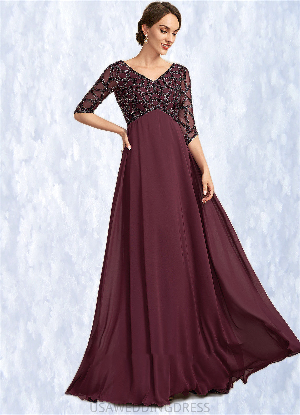 Andrea Empire V-neck Floor-Length Chiffon Mother of the Bride Dress With Beading DS126P0014906