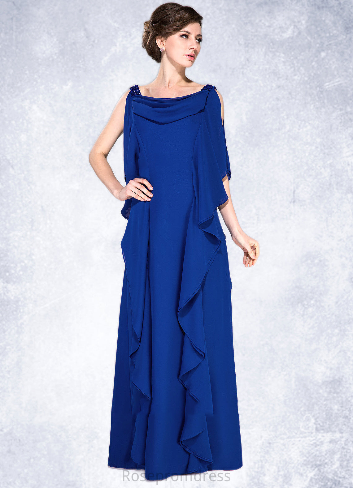 Kristina A-Line Cowl Neck Floor-Length Chiffon Mother of the Bride Dress With Beading Sequins Cascading Ruffles SRS126P0014907