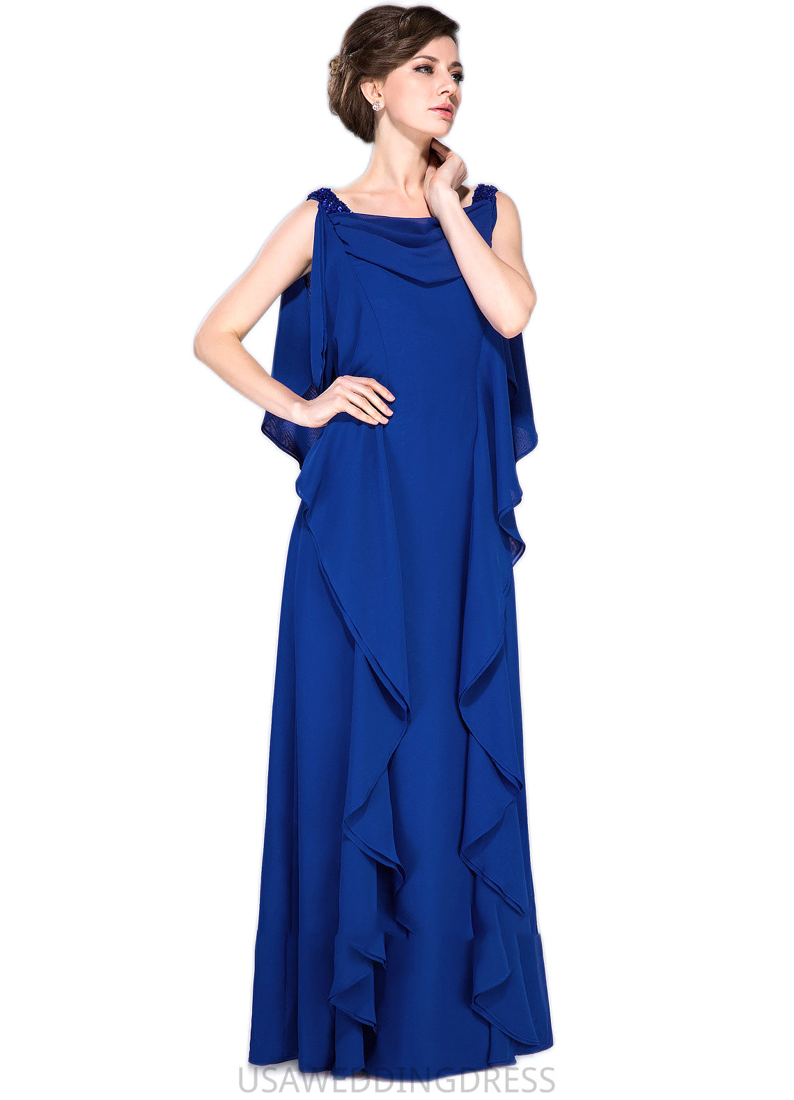 Mckenzie A-Line Cowl Neck Floor-Length Chiffon Mother of the Bride Dress With Beading Sequins Cascading Ruffles DS126P0014907