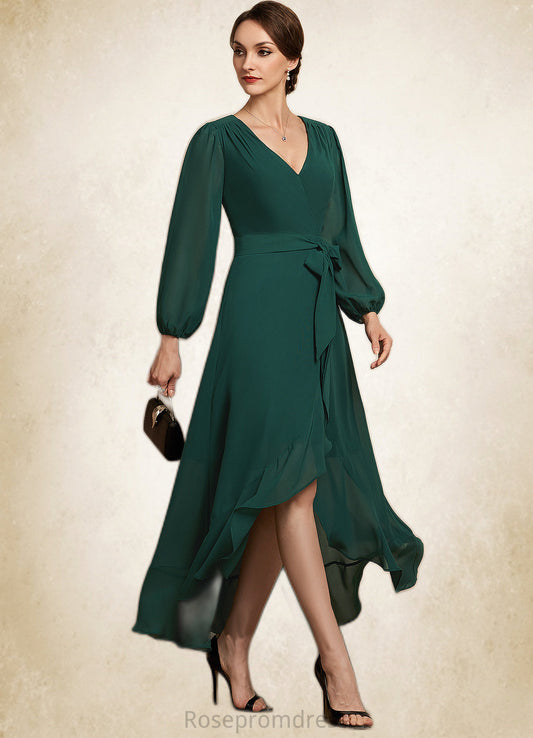 Serenity A-Line V-neck Asymmetrical Chiffon Mother of the Bride Dress With Bow(s) Cascading Ruffles SRS126P0014909