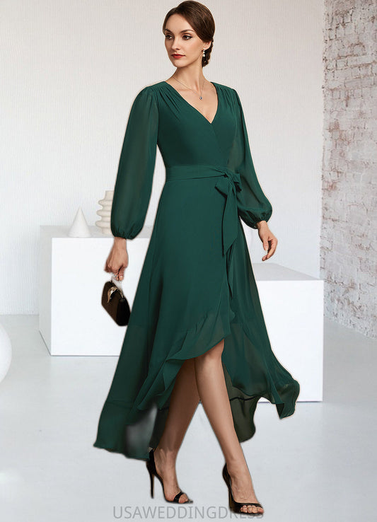 LuLu A-Line V-neck Asymmetrical Chiffon Mother of the Bride Dress With Bow(s) Cascading Ruffles DS126P0014909