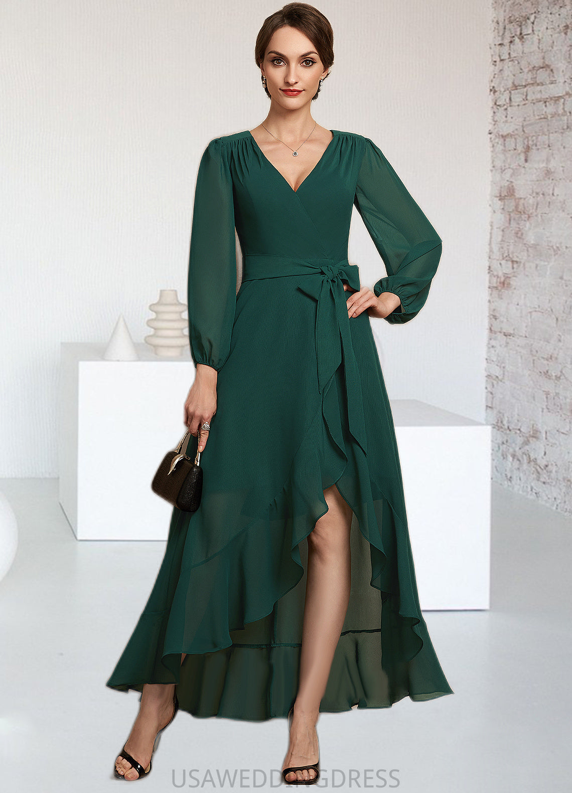 LuLu A-Line V-neck Asymmetrical Chiffon Mother of the Bride Dress With Bow(s) Cascading Ruffles DS126P0014909