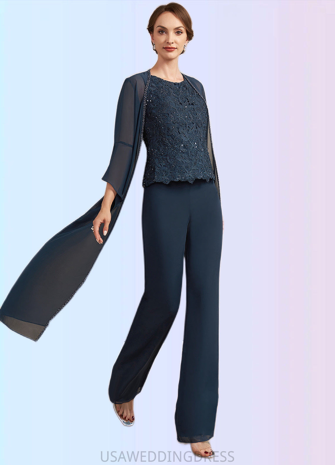 Sam Jumpsuit/Pantsuit Scoop Neck Floor-Length Chiffon Lace Mother of the Bride Dress With Beading Sequins DS126P0014910