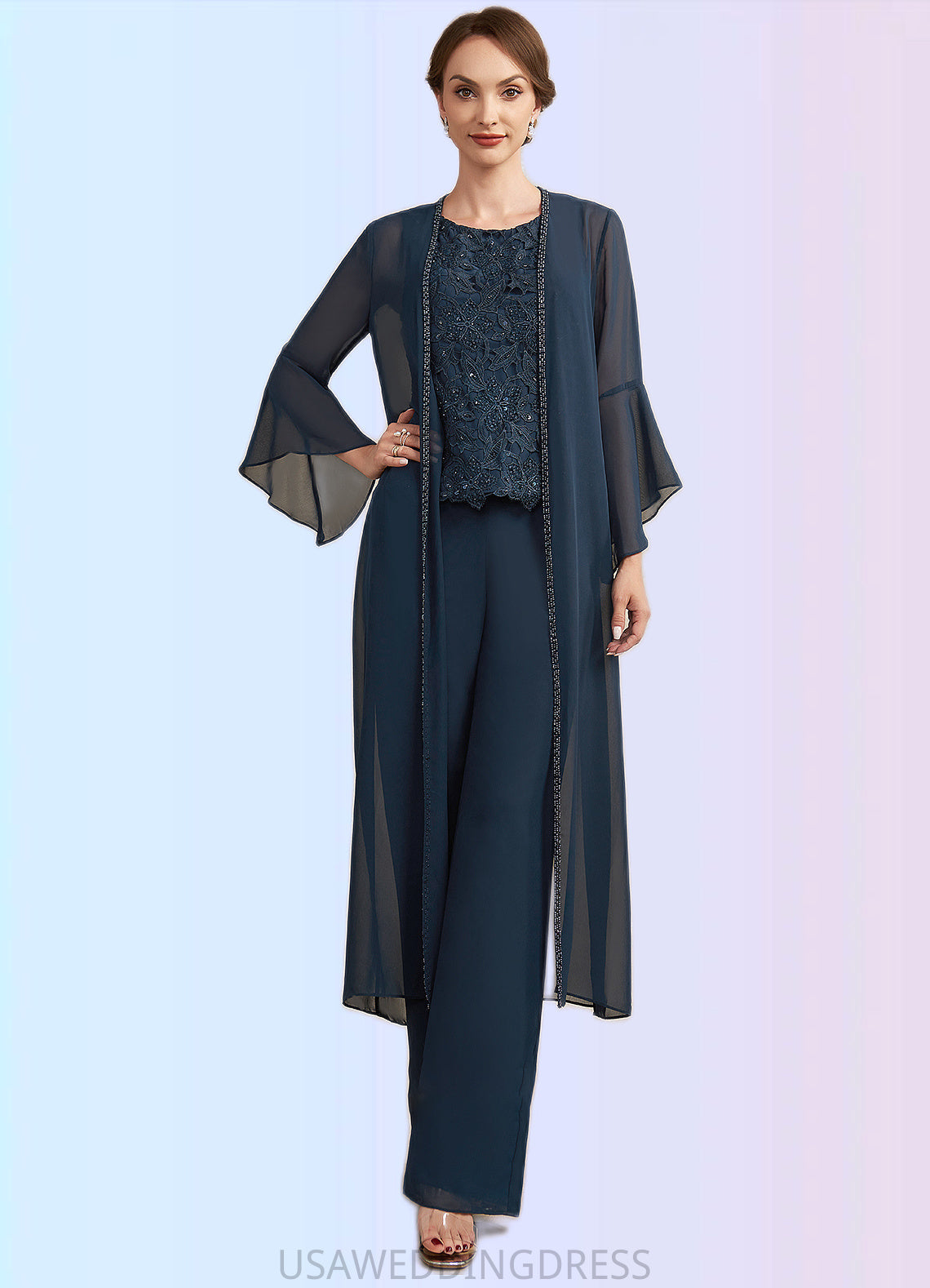 Sam Jumpsuit/Pantsuit Scoop Neck Floor-Length Chiffon Lace Mother of the Bride Dress With Beading Sequins DS126P0014910