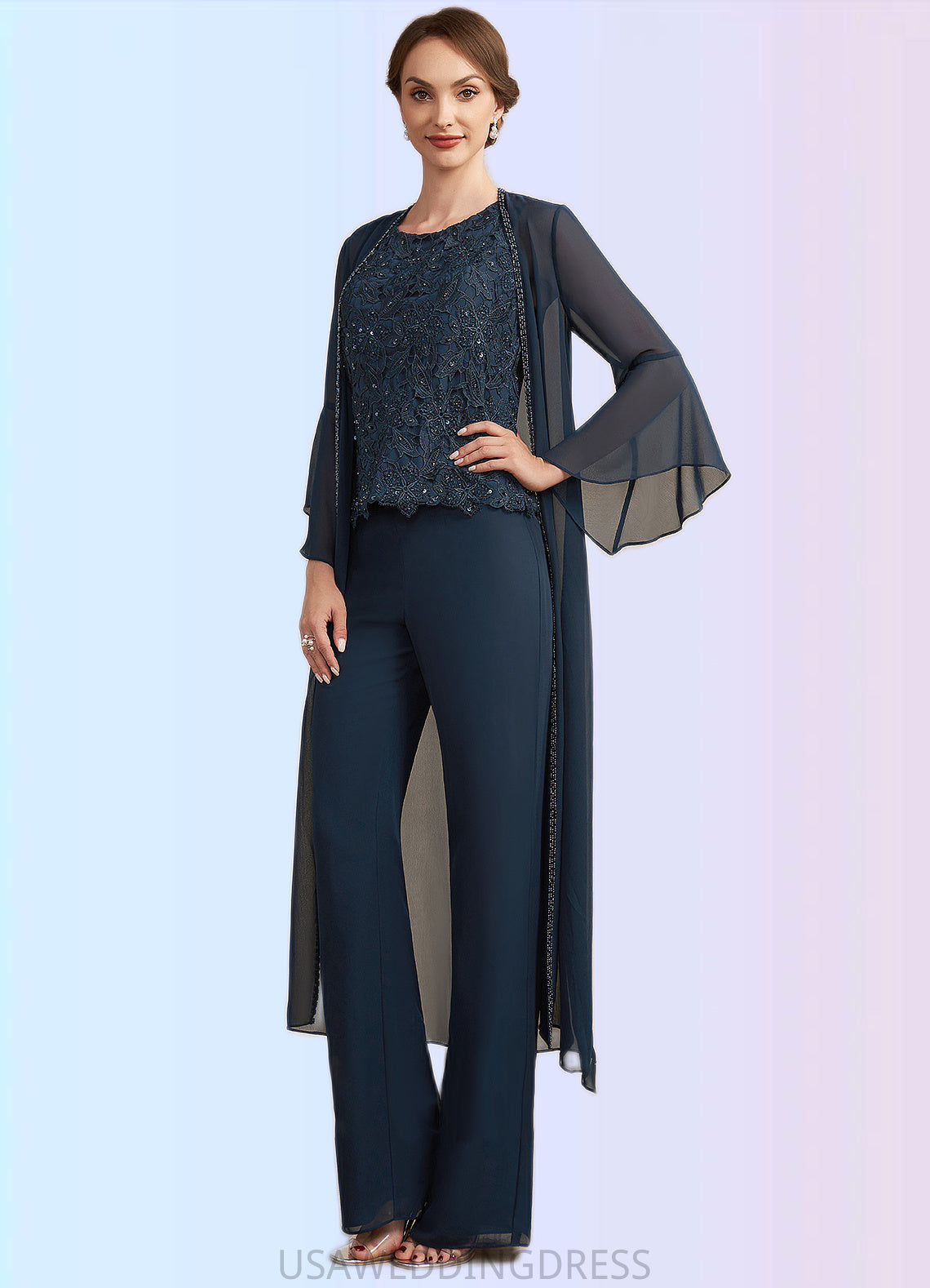 Sam Jumpsuit/Pantsuit Scoop Neck Floor-Length Chiffon Lace Mother of the Bride Dress With Beading Sequins DS126P0014910