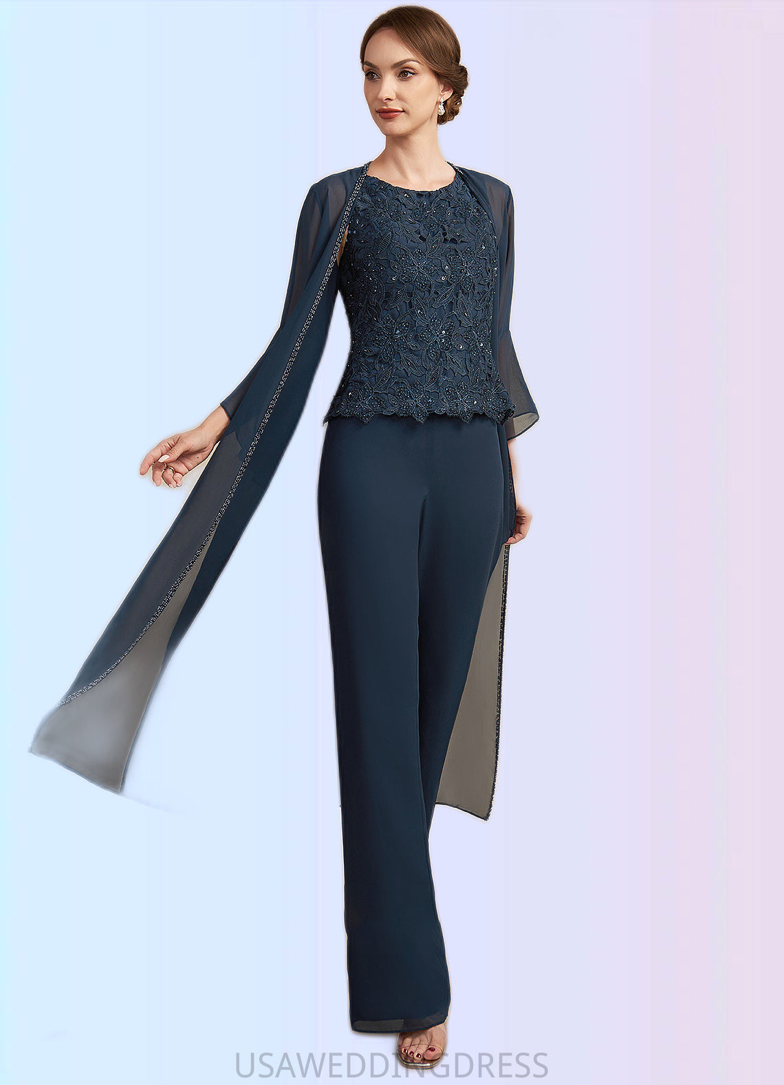 Sam Jumpsuit/Pantsuit Scoop Neck Floor-Length Chiffon Lace Mother of the Bride Dress With Beading Sequins DS126P0014910