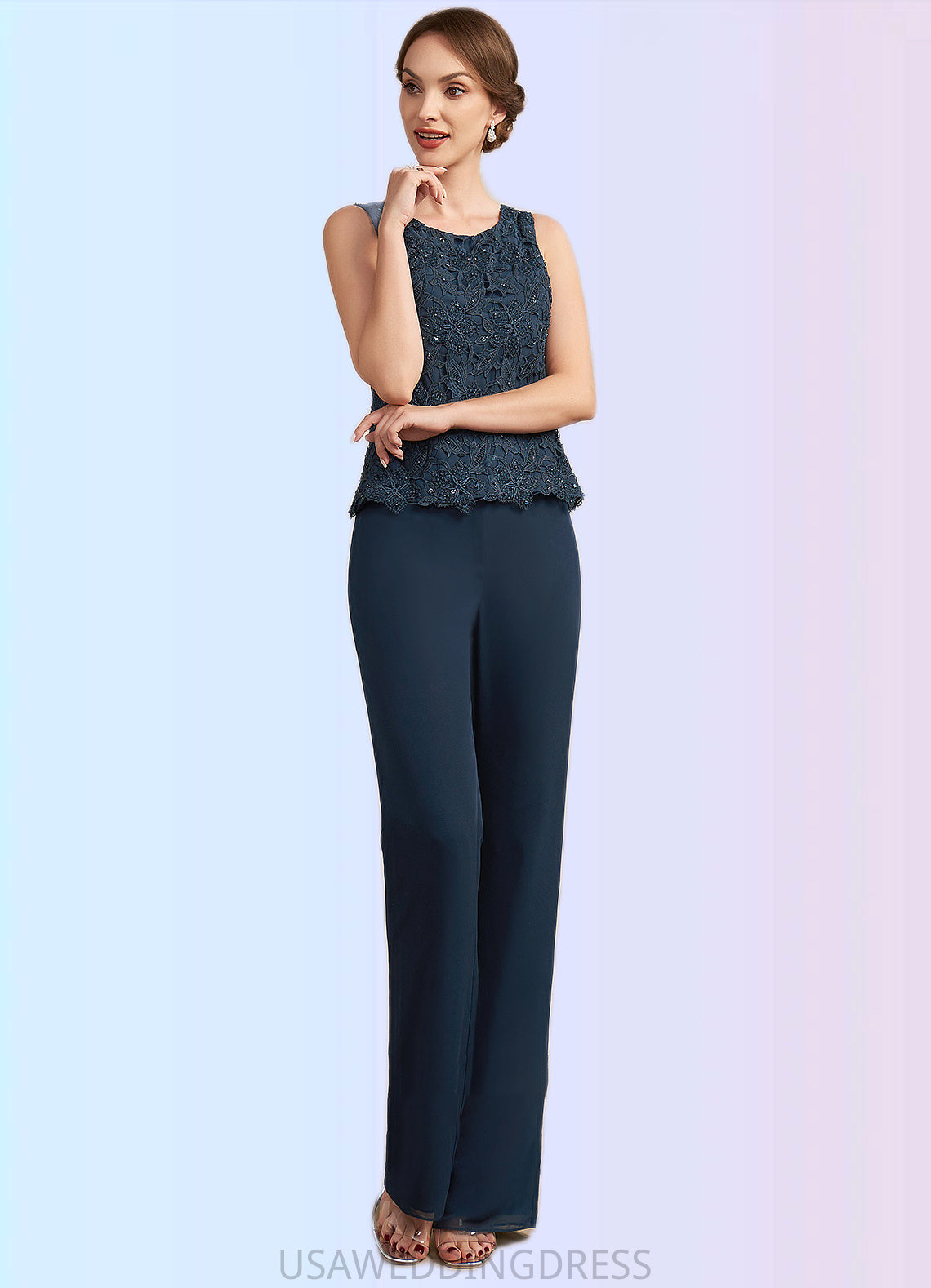 Sam Jumpsuit/Pantsuit Scoop Neck Floor-Length Chiffon Lace Mother of the Bride Dress With Beading Sequins DS126P0014910