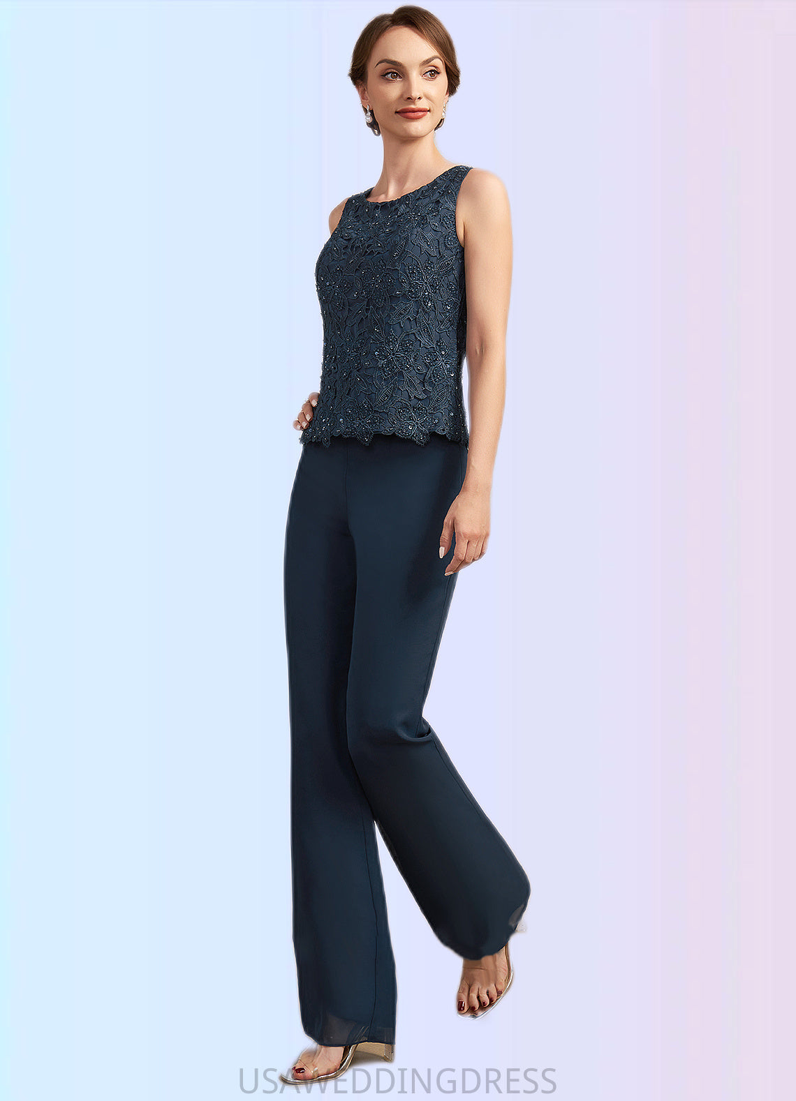 Sam Jumpsuit/Pantsuit Scoop Neck Floor-Length Chiffon Lace Mother of the Bride Dress With Beading Sequins DS126P0014910