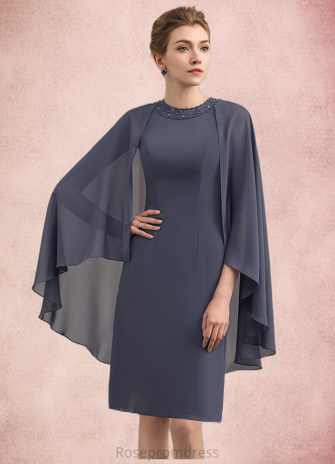 Maya Sheath/Column Scoop Neck Knee-Length Chiffon Mother of the Bride Dress With Beading Sequins SRS126P0014911